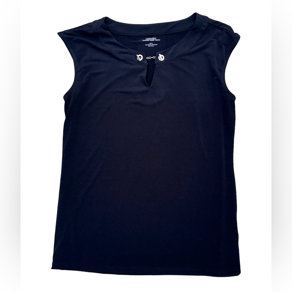 Carmen Marc Valvo Black Sleeveless Top with Gold Toggle Chain Closure - Size M